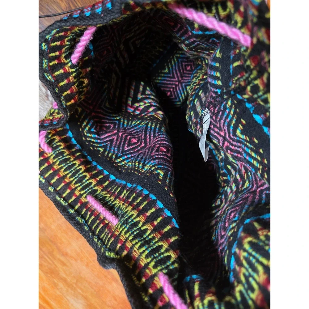 Urban Expressions Multi Geometric Woven Drawstring Backpack Pom Poms UB171155